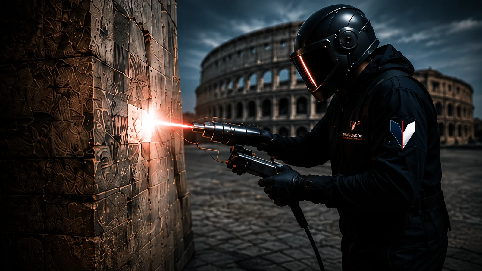 Operatore VANGUARDIA in tenuta tecnica utilizza una pistola laser portatile su antica pietra travertino, con il Colosseo sullo sfondo e il raggio laser rosso che brilla sulla superficie.