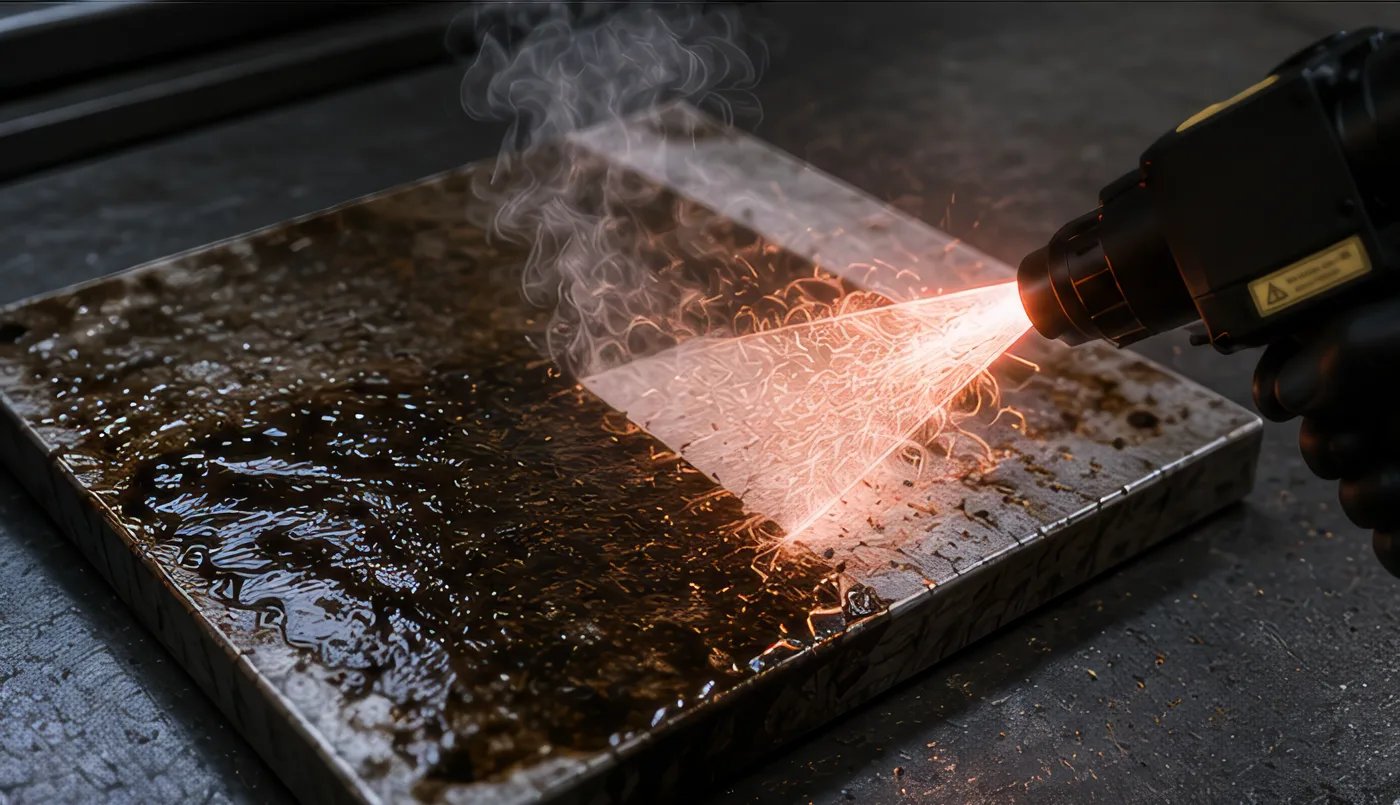 Macro della punta laser contro una superficie metallica con scintille luminose.